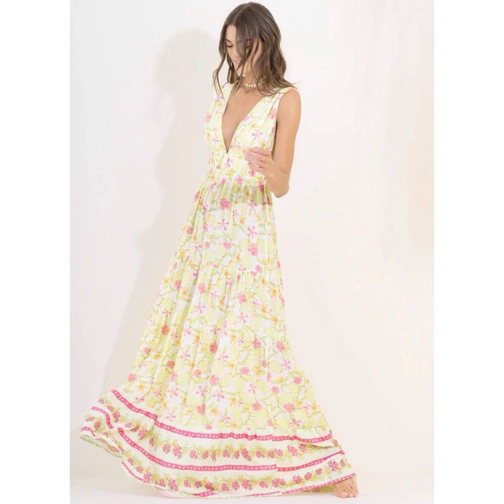 Maaji Eva Maxi Dress in Lemonade Women’s Long Yellow Pink Tropical Print Sz S - Picture 2 of 14
